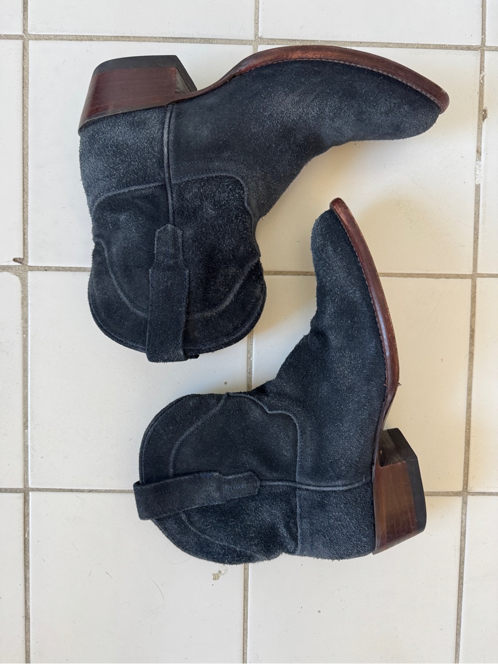 Tecovas Black Suede Ankle Booties with Brown Stacked Heel